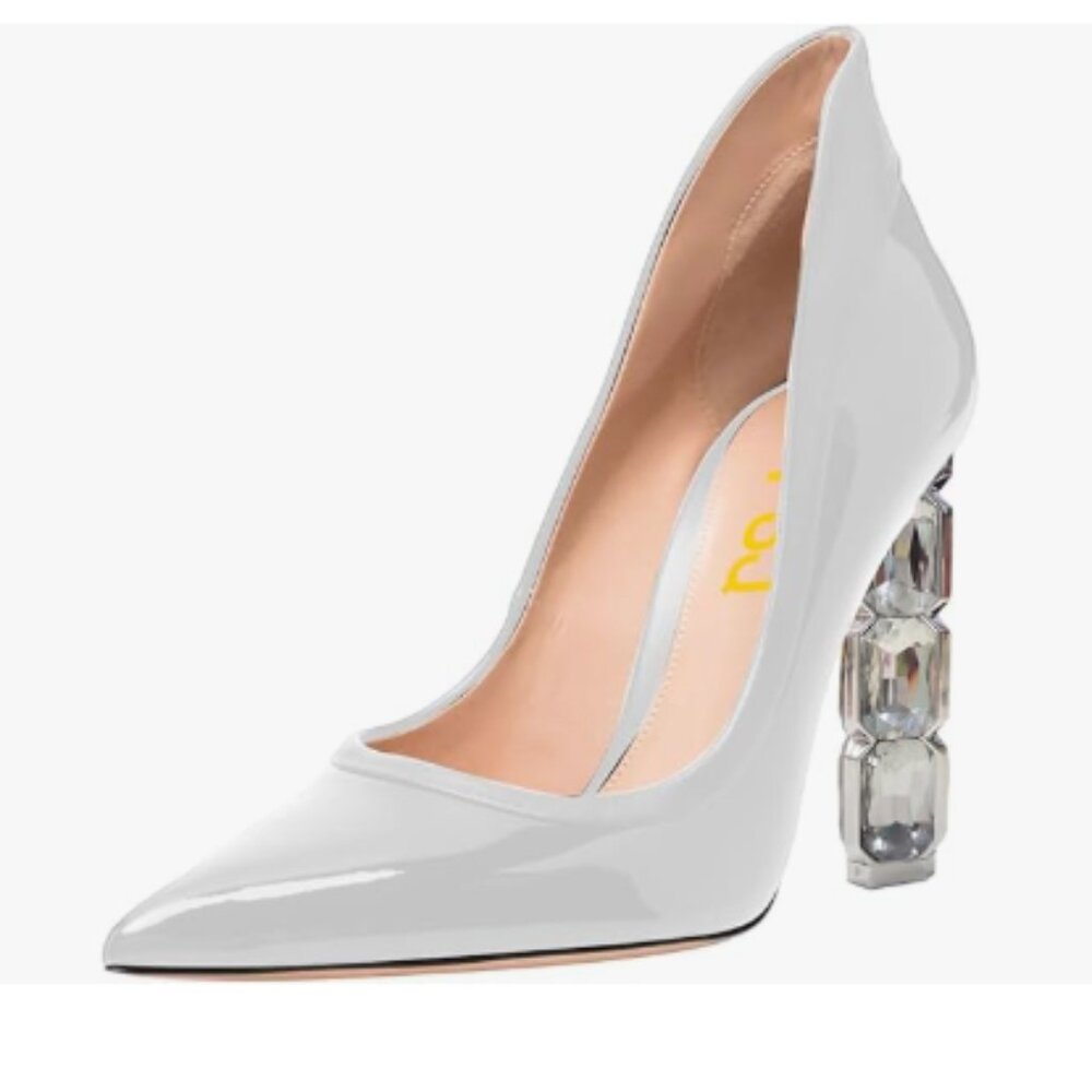 FSJ White Pointed Toe Slip On Crystal Gorgeous Three Diamonds High Heel Pumps